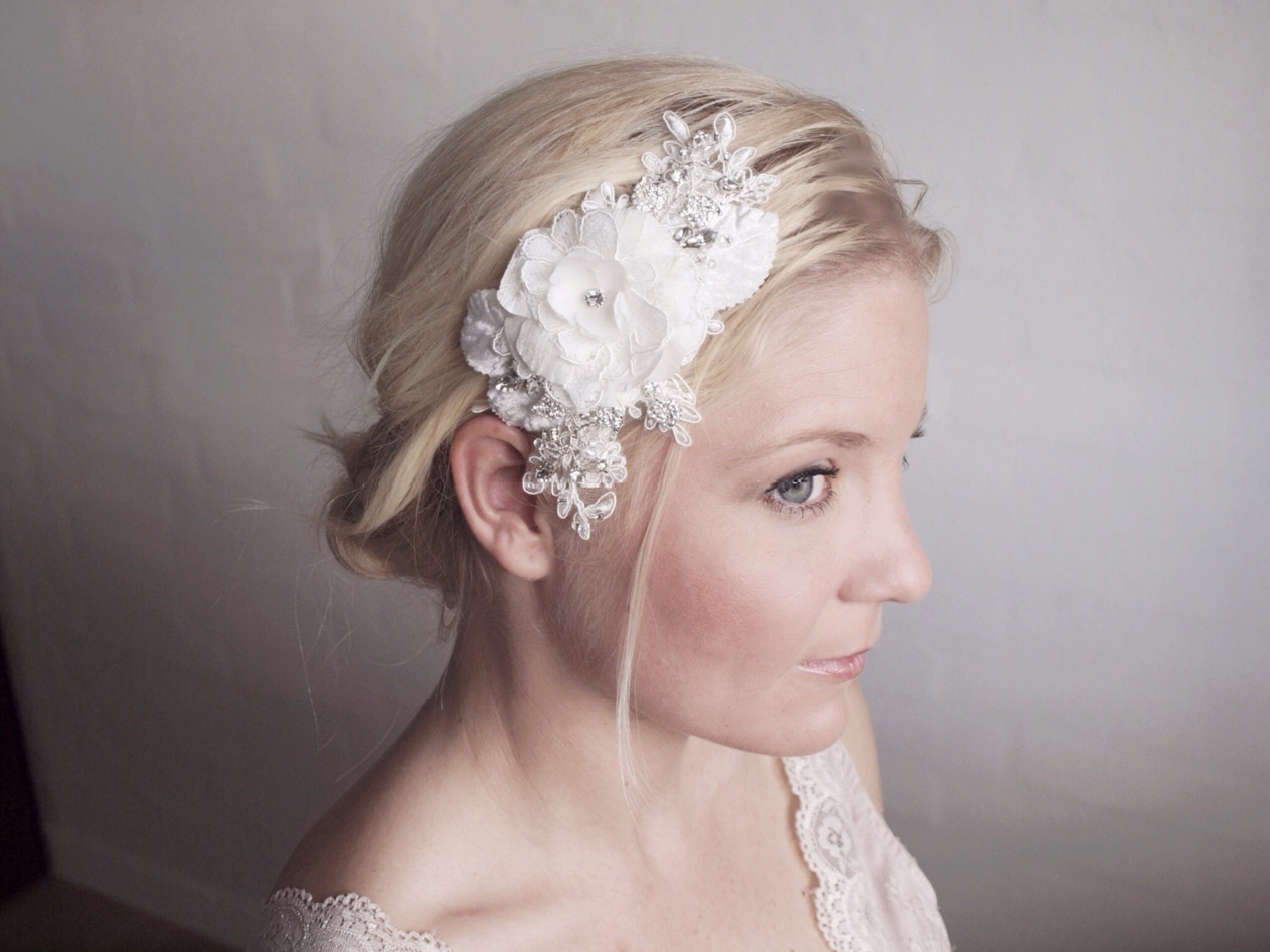 Wedding bridal flower comb - Ivory Lace and Crystal Wedding Hair Accessory - Lady Ella Vintage Inspired Bohemian Style
