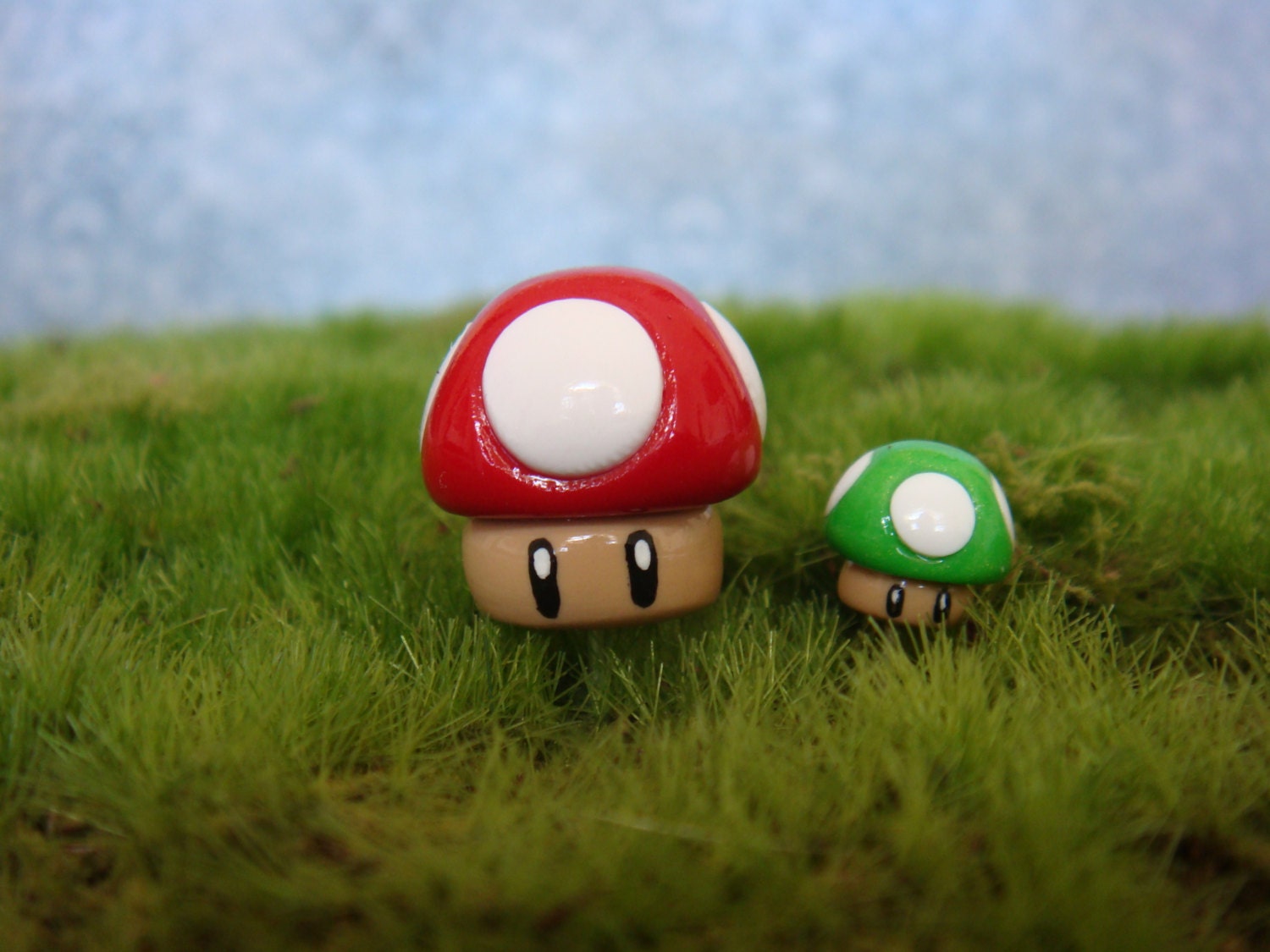 Mario inspired tiny mushrooms (2), red and green, for terrarium or house plant
