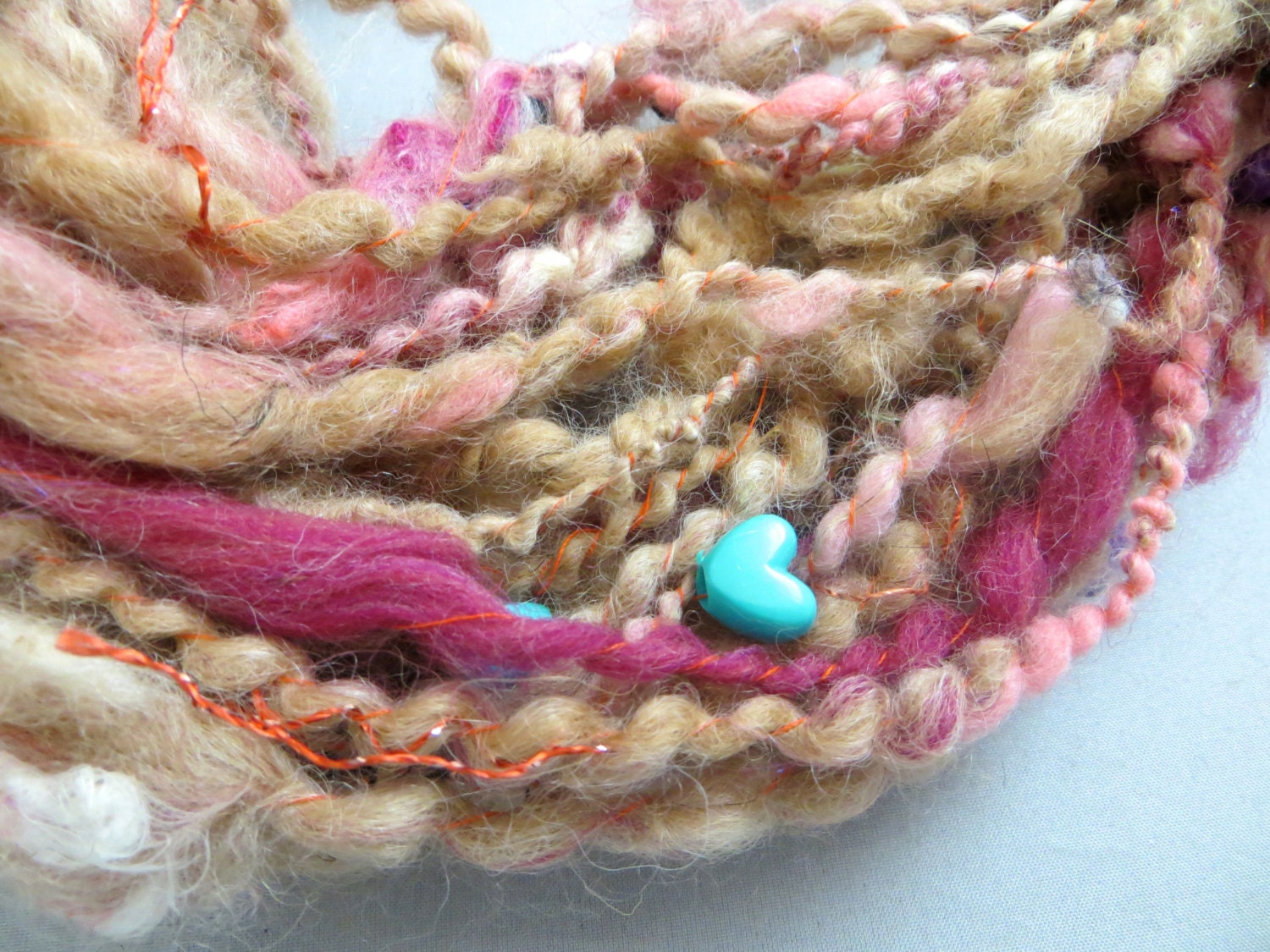 Anna Nicole (24 yds)  Natural Alpaca Handdyed Wool Tan Pink Heart Beads Sparkle Summer Skein