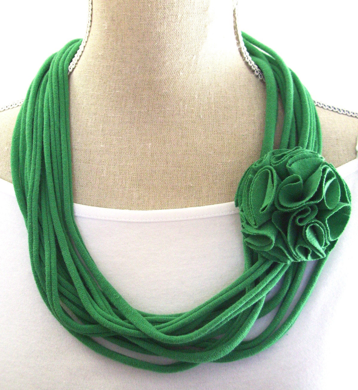 Upcycled Green Jersey Tee Noodle Necklace with Removable Flower Clip, St Patrick's Day, Recycled T-shirt Loop Scarf, Accessory