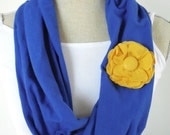 Upcycled Blue Jersey Tee Infinity Scarf with Removable Yellow Flower Pin, Repurposed T-shirt Short Scarf, Accessory