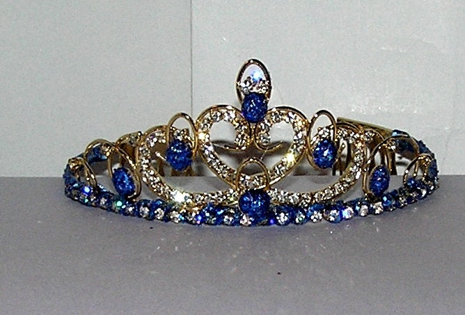 cobalt blue cabochon Gold plated   tiara with combs wedding bridal prom flower girl birthday party