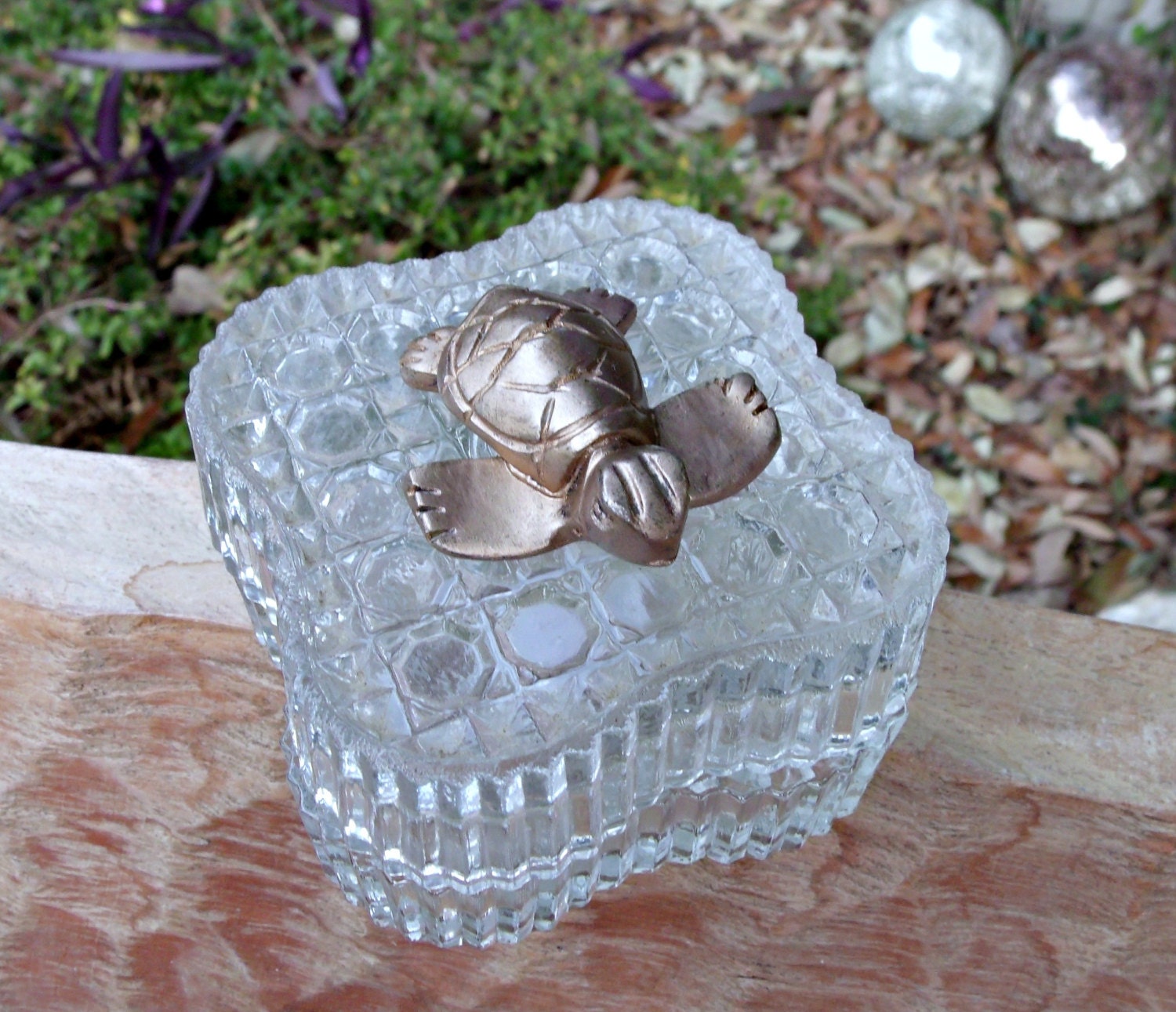Glass Jewelry Holder, Up Cycled Trinket Box with lid and Gold Turtle Embellishment. Vanity Holder, Jewelry Display, Vintage Glass Dish.