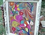 Mexican Folk Art Painting. Colorful Amate in Vintage Frame. Hand Painted art and frame. Spanish Painting. Mediterranean Art. Tree bark Art