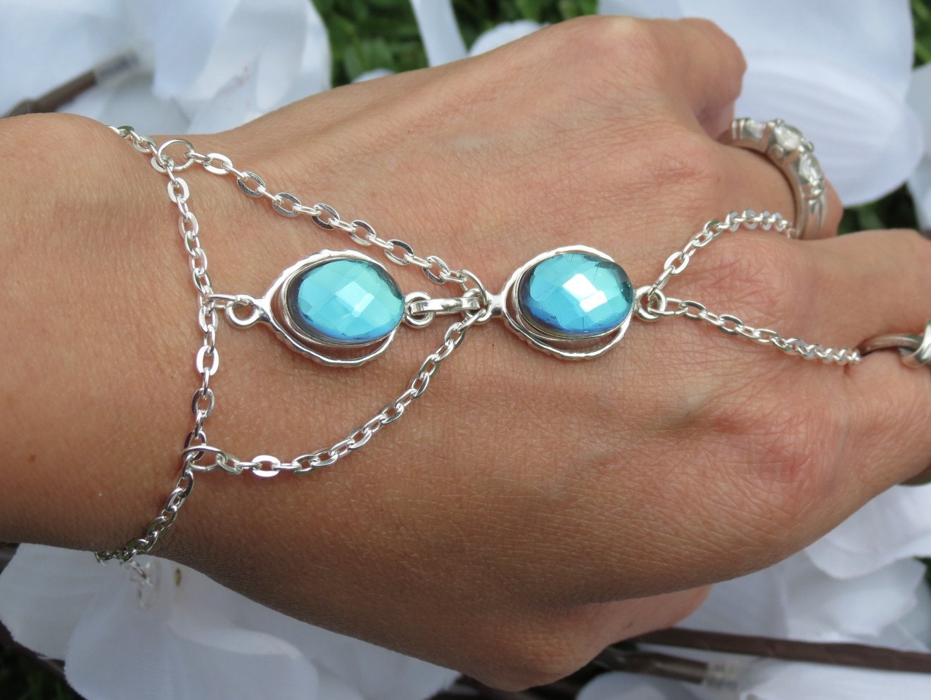 Mystical Topaz Slave Bracelet, Ring Bracelet, Faceted, Gemstone, Hippie, Bracelet, Silver plated, Custom Sized, Hand Jewelry, Beach Jewelry