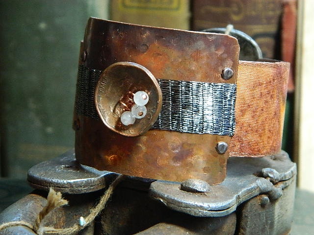 Offering Bowl cuff bracelet copper mixed media jewelry moonstone