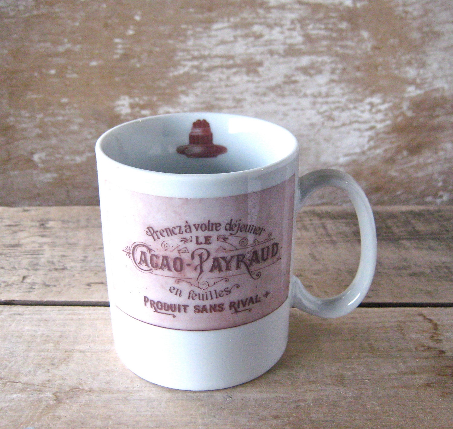 Mug with French Chocolate Label and Valentine, Chocolat, 12 oz Mug, Recycled, Ready to Ship, Discounted Second