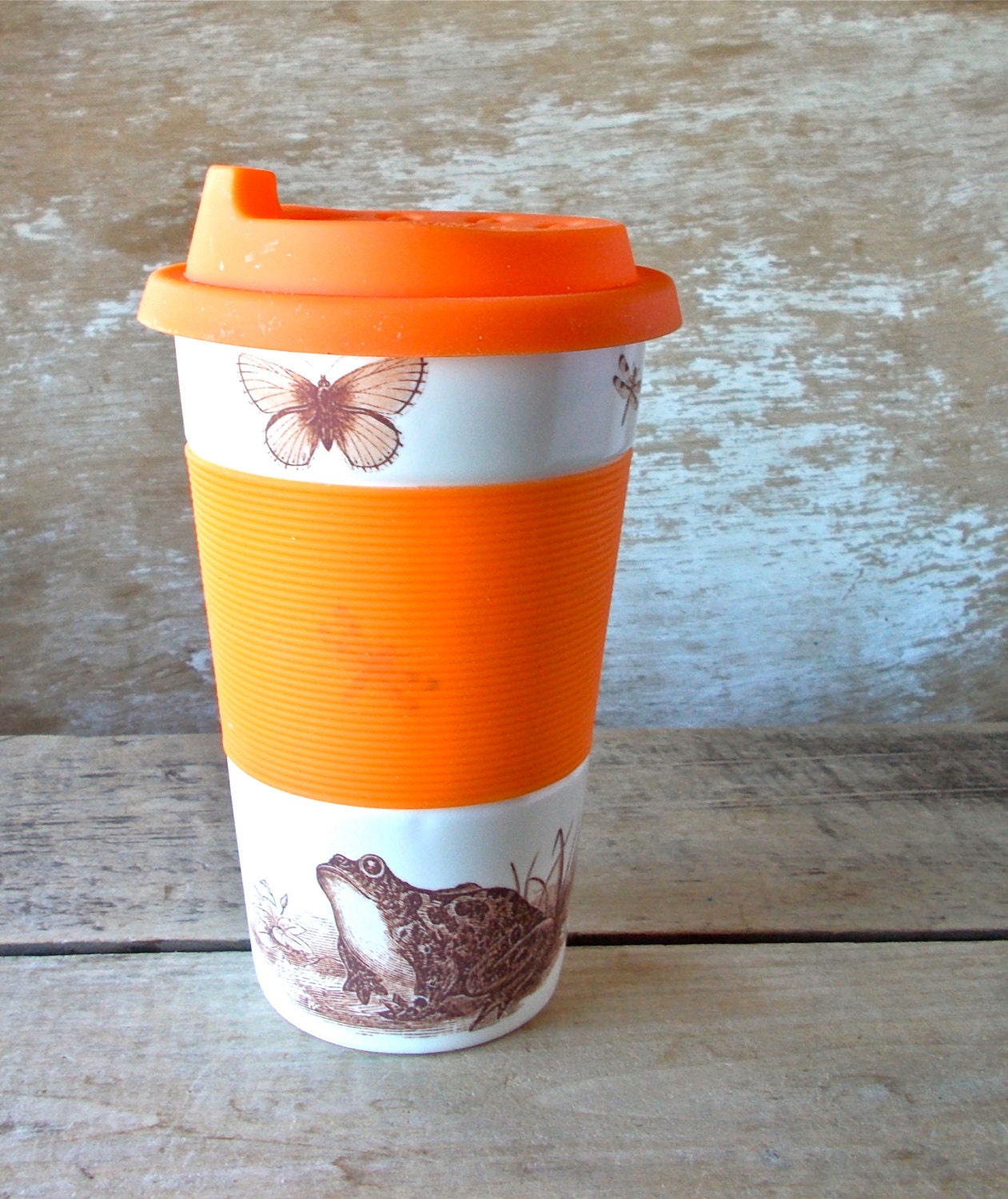 Ceramic Travel Mug Frog and Butterflies, 16 oz Eco Tumbler, Spring Summer Pond Life, Ready to Ship