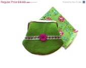 CLEARANCE Felt Coin Purse -Spring Green -gingham ribbon detail