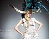 READY TO SHIP Turquoise and gold Longhorn mohawk Futuristic gaga halloween rocker Burning man Fantasy headdress headpeice
