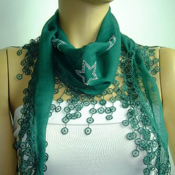 Emerald GREEN cotton scarf lace fringe - shiny studded STARS - mothers day scarf