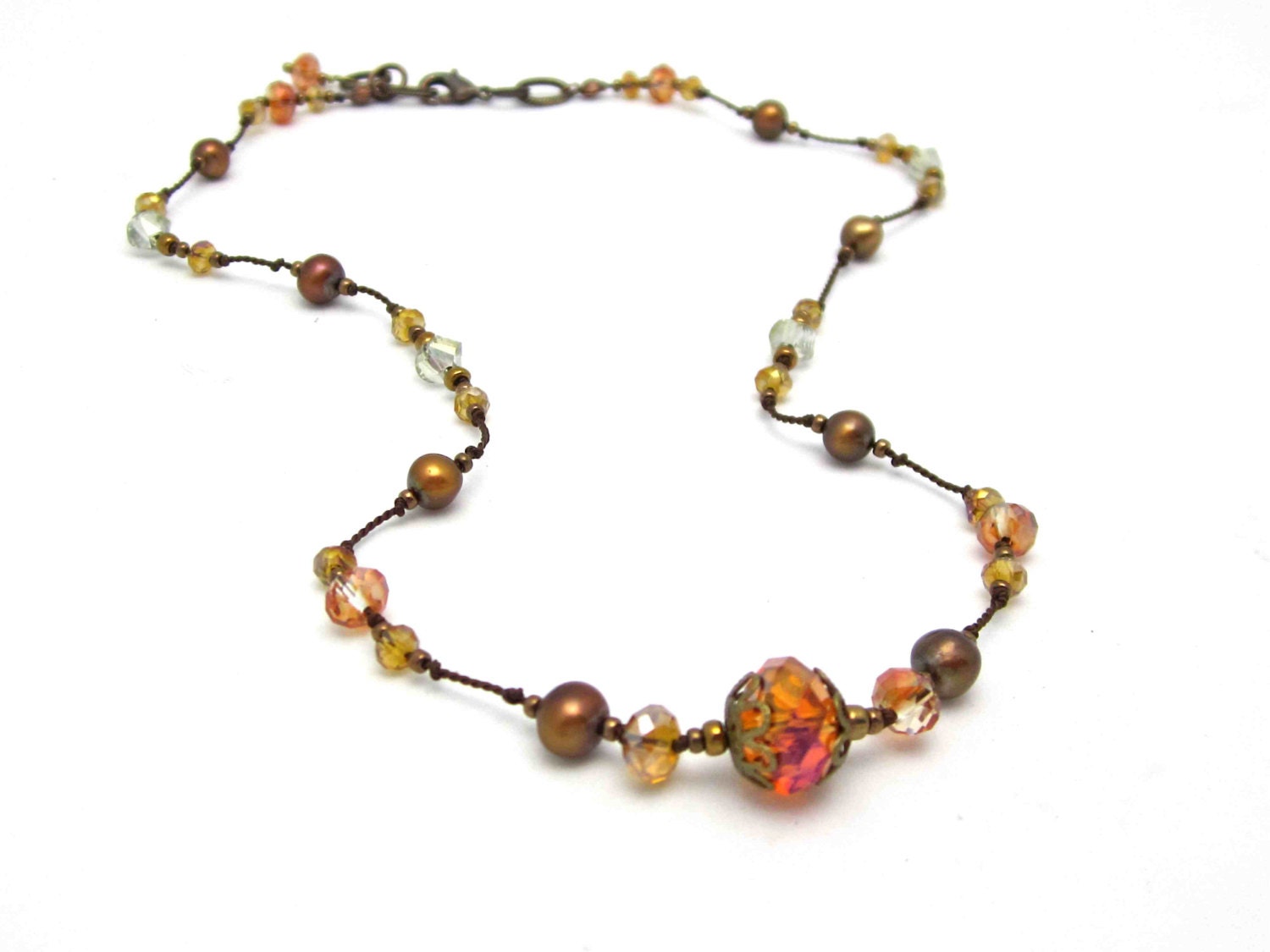 Orange and Brown Pearl Necklace with Orange Swarovski Crystals