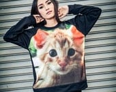 Kitty Screenprinted Sweatshirt - Cat Oneck Longsleeved Tshirt In Black.