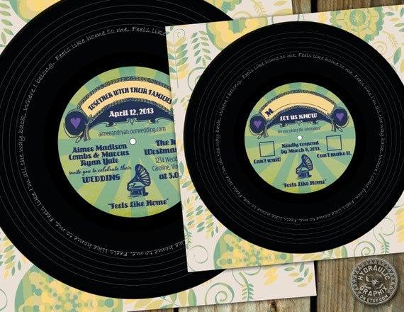Vinyl Music Record Album Invitation and RSVP postcard for wedding invitation or birthday party with song lyrics Il_570xn