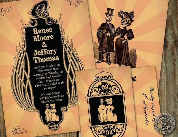 Fall, halloween wedding invitation with RSVP card, or costume ball invite with day of the dead couple, steampunk inspired Il_570xn
