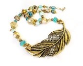 Gold leaf beaded necklace aqua teal amber handmade OOAK