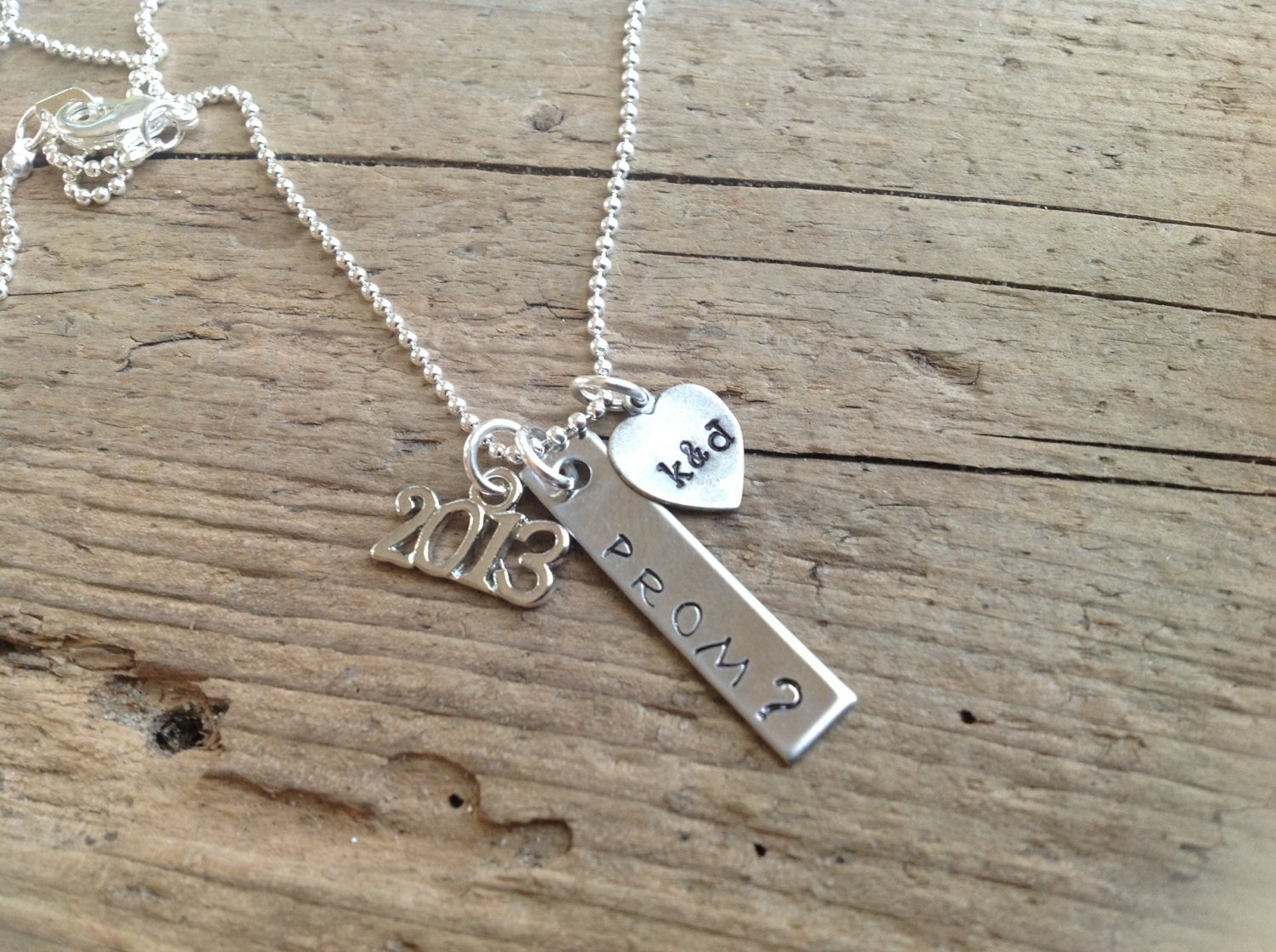 Custom Prom Invitation Necklace. Ask Her Him to the Prom. Hand Stamped. 2013 Charm. High School . Custom initials.