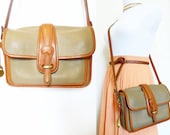 Vintage Dooney & Bourke Pocket Equestrian Bag, Brown Taupe British Tan Hipster Small Crossbody Purse Two Tone Camera Bag Handbag Classic