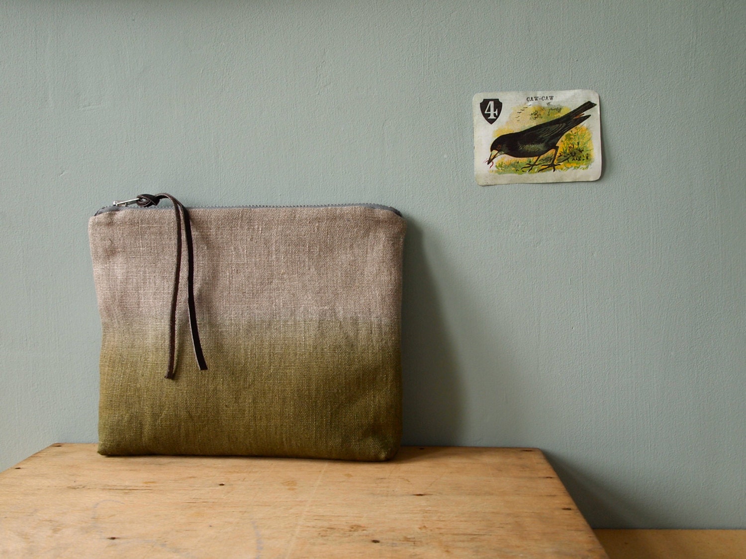 Ombre Pouch Olive -  Large Olive Green Linen Purse Dip Dye Make up Bag with Leather Zip Pull