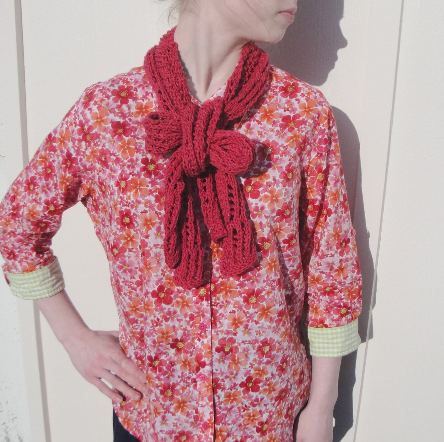 Poppy Spring Scarf, Cotton and Silk Scarf, Hand Knit Lace Scarf,  Fashion Scarf, Poppy Red, Skinny Scarf