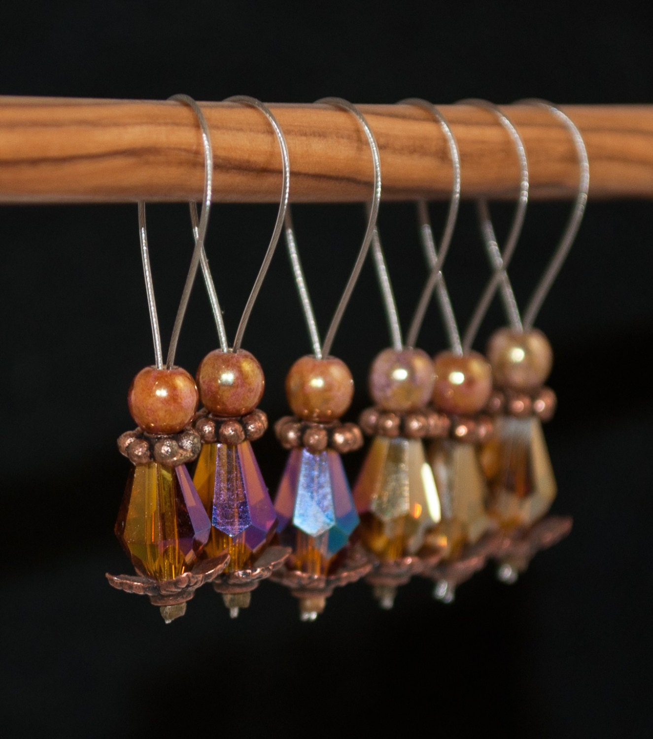 Snag-free Amber crystal bead stitch markers ( 6)