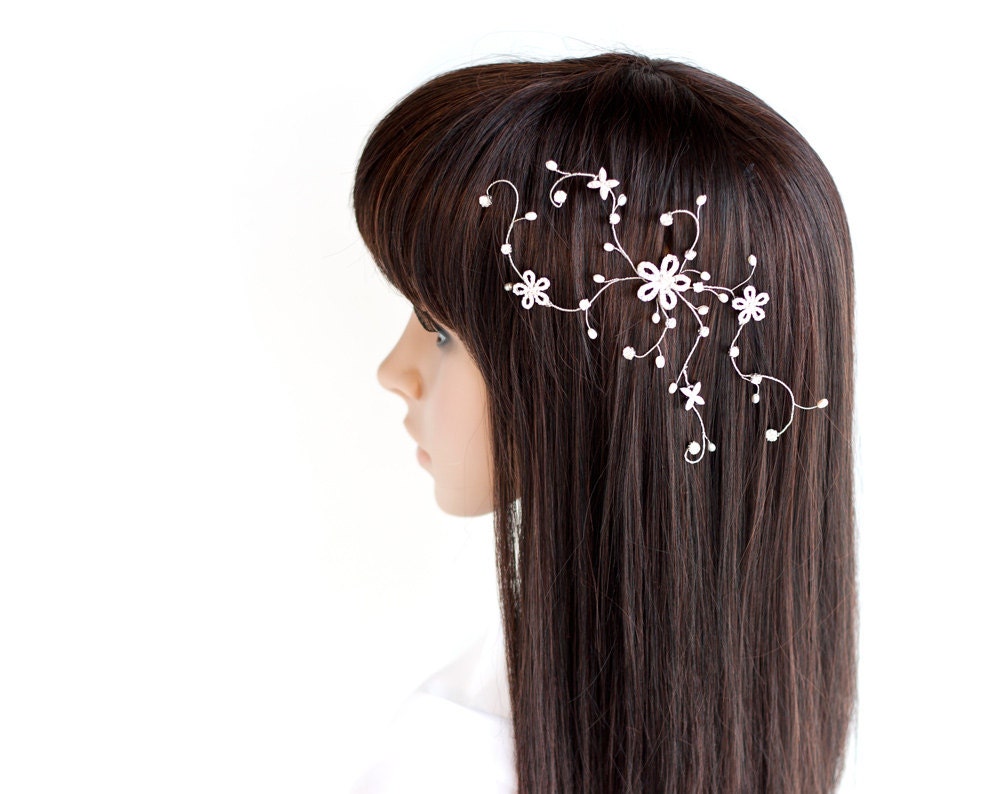 Head piece bridal hair accessory, Crystal headpiece, Silver wedding head piece, Pearls bridal accessory.