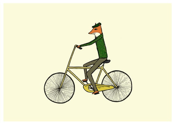 Illustration Print - 5 x 7 Art Print - Mr. Fox on a Bicycle