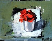Still Life Painting, Silver Cup with Red flowers, Abstract Traditional Original Oil on Wood Panel, 16x24 inch Fine Art