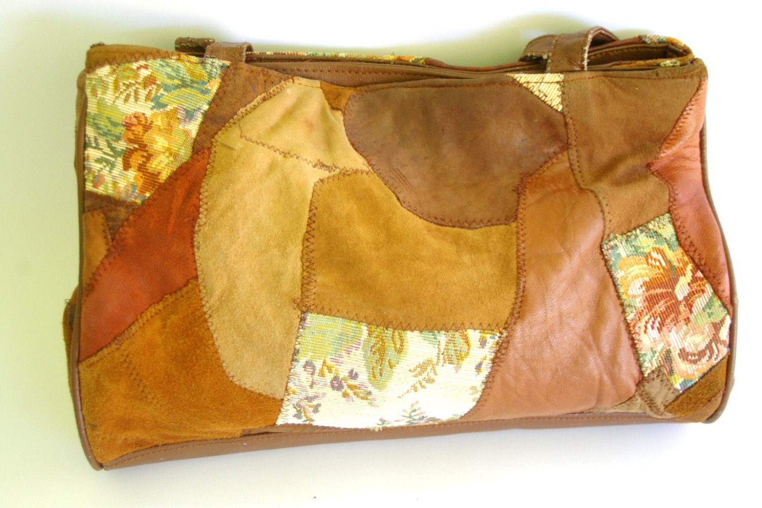 Vintage Leather Floral Rose Tapestry Patchwork Handbag 1980s