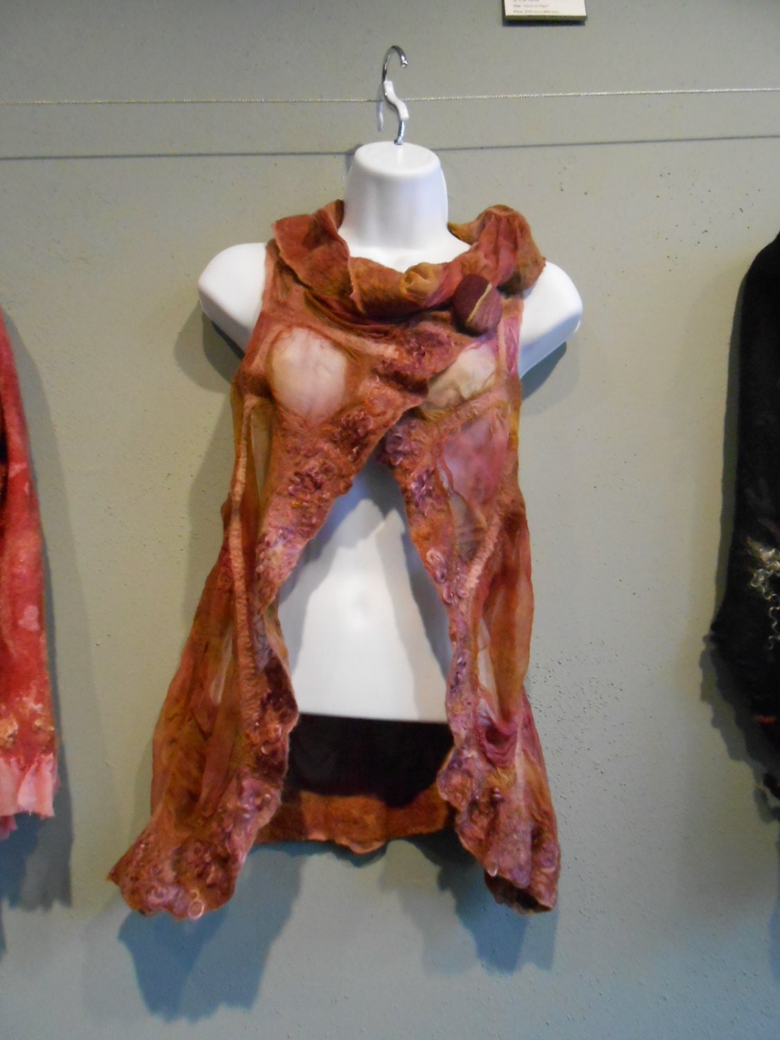 Nuno Felt Silk Chiffon Circular Vest hand dyed and felted burgundy moss and gold