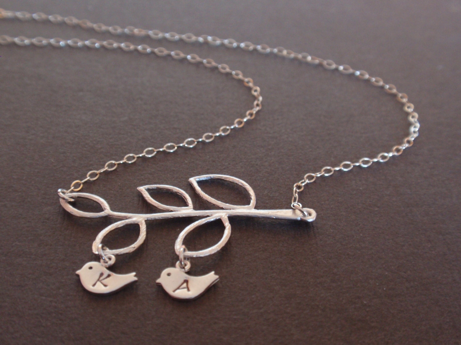 PERSONALIZED INITIAL Leaf Branch and Birds Sterling Silver necklace, familly necklace, love necklace
