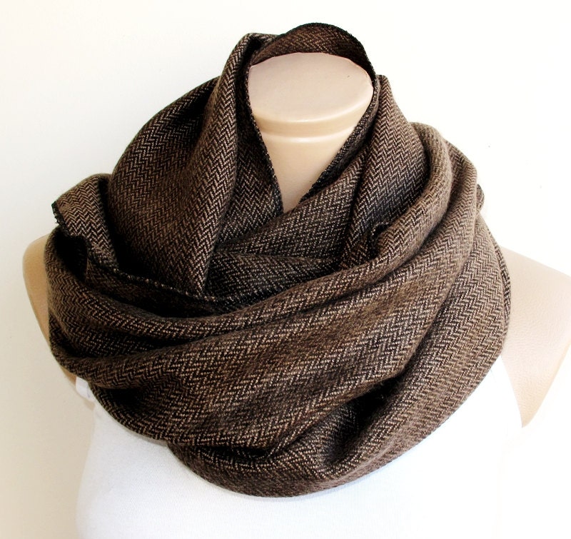 CASHMERE Herringbone Tweed Brown Infinity Scarf,Unisex Scarf WOOL Scarf,Unisex Super Warm lnfinity Scarf, - ScarfLovers