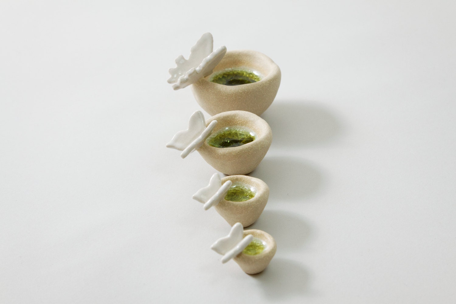 Pottery Butterflies White and Green Clay Pots and Glass Modern Ceramics Home Decor Gift for Him and Her