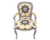 FREE SHIPPING Grey and Yellow Upholstered French Arm Chair Painted Exotic Modern Shabby Chic