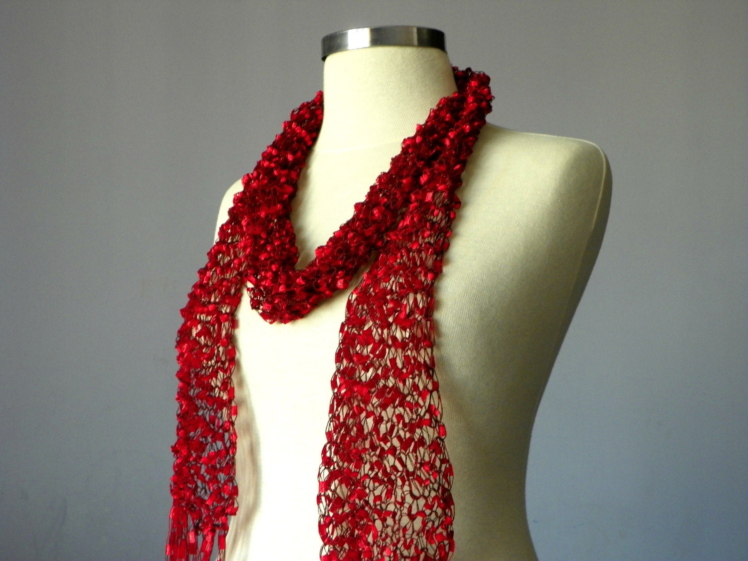 Spring and summer scarf red black trellis yarn handmade neckwarmer women accessories, summer day and night fashion