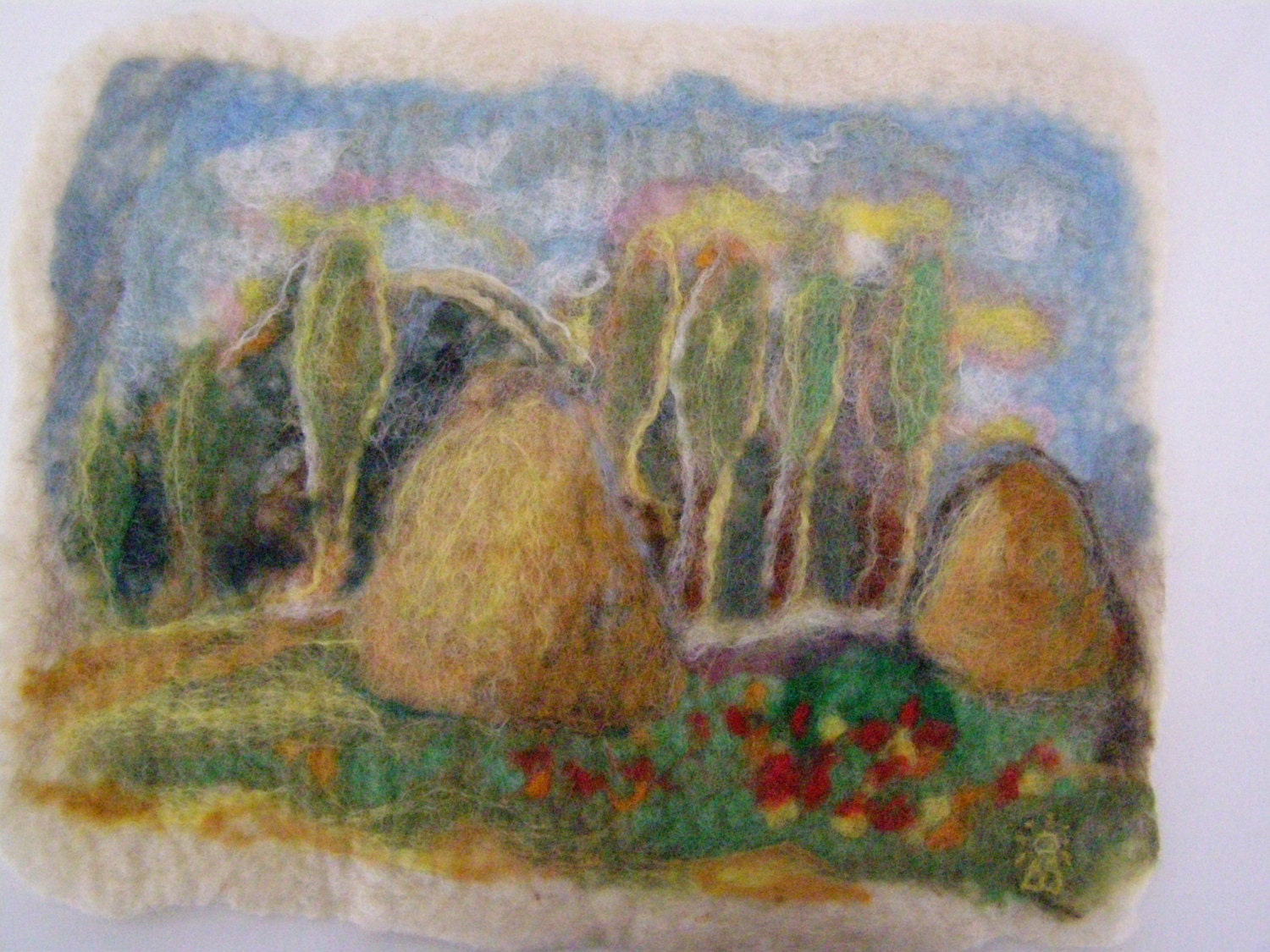 Felt Art, picture NOSTALGIA - summer landscape with haystacks - childhood memory, original, unique, FREE SHIPPING