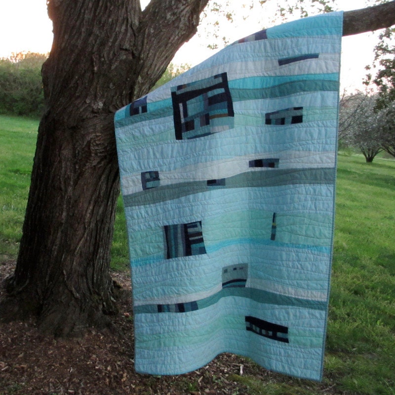Blue Quilt, Modern Quilt, Ocean Waves, Art Quilt, Tranquil Waters