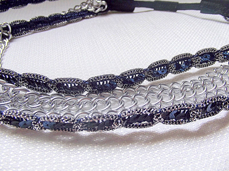 Multi Strand Headband, Stretchy Headband, Blue Silver Headband