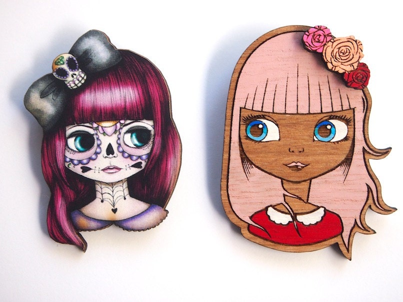 Blythe doll Wood laser cut brooch two pack - Sconnie And Jam vs Hungry Designs - Good vs Evil - collaboration