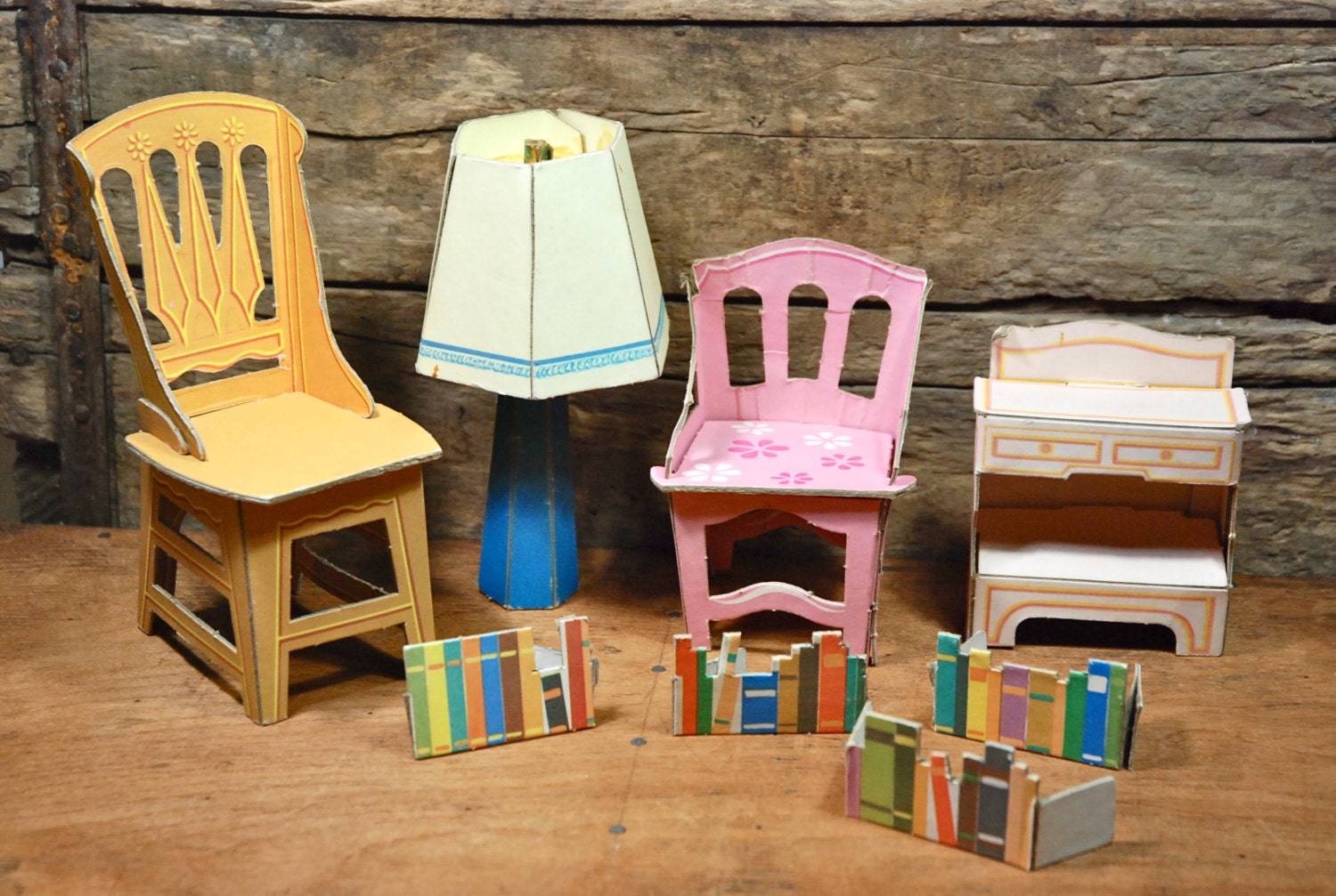 Lot of 1963 "Barbie's New Dream House" Chipboard Furniture - Lamp, 2 Chairs, 4 Sets of Books, Small Table