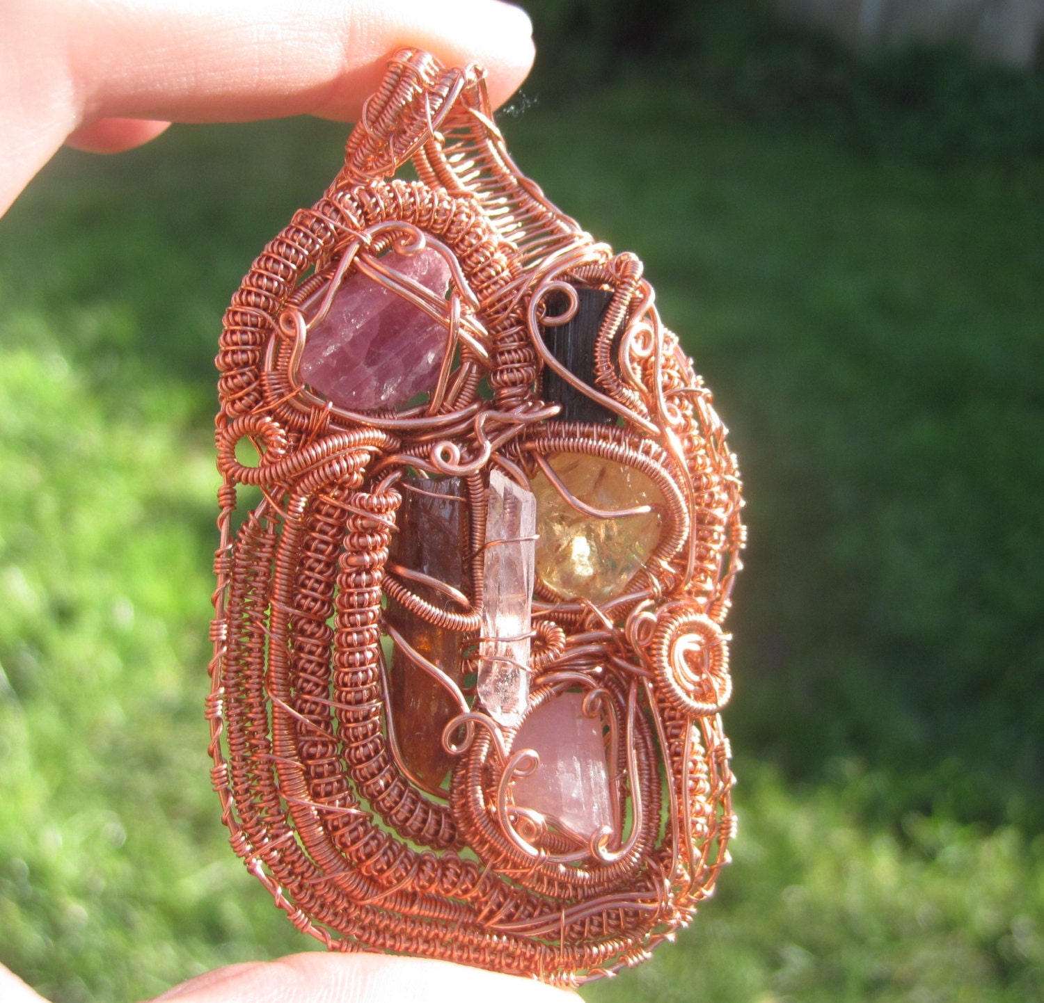 Heady Wire Wrapped Crystal Pendant / Copper / Tourmaline / Orange Kyanite / Citrine / Quartz /  "Big and Beautiful" / Large Wire Wrap