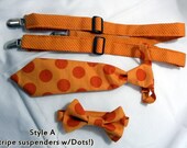 ON SALE  -  Orange Lil Boy Suspenders Set includes  Suspenders, Necktie, and Bow Tie - Sizes newborn to 10 years.