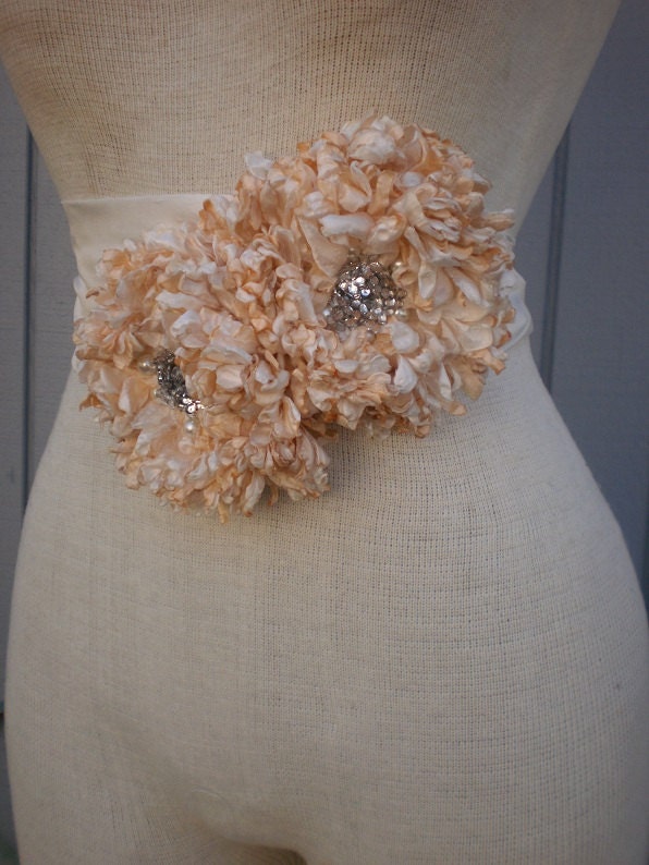 wedding bridal sash wtih peach and off white mixed flowers