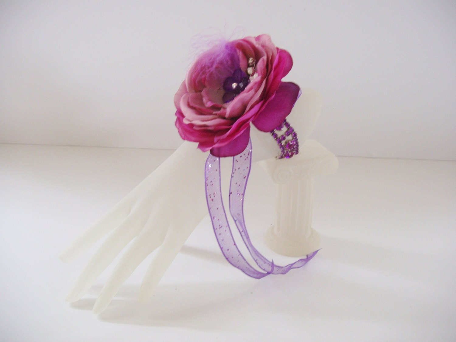 Purple BROOCH Jeweled Bracelet Wrist CORSAGE, Purple Peony Silk Flower, OOAK
