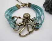 octopus bracelet---antique bronze octopus pendant  octopus bracelet& blue rope chain
