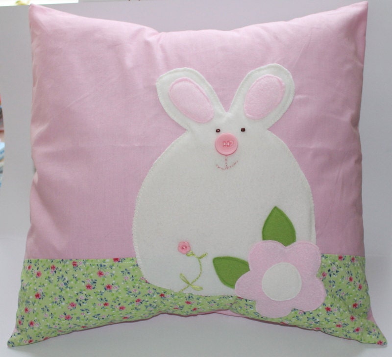 Pillow cover, cushion cover, pink, with bunny rabbit fleece applique, partly hand embroidered, flowers