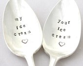My Ice Cream and Your Ice Cream Spoon, set of 2 hand stamped vintage silver spoons with hearts By MilkandHoneyLuxuries
