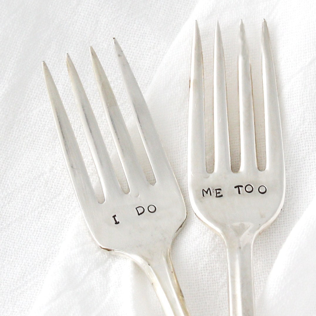 I do, Me Too wedding forks- table setting handstamped flatware, wedding decor or engagement gift. Boho wedding decor MilkandHoneyLuxuries