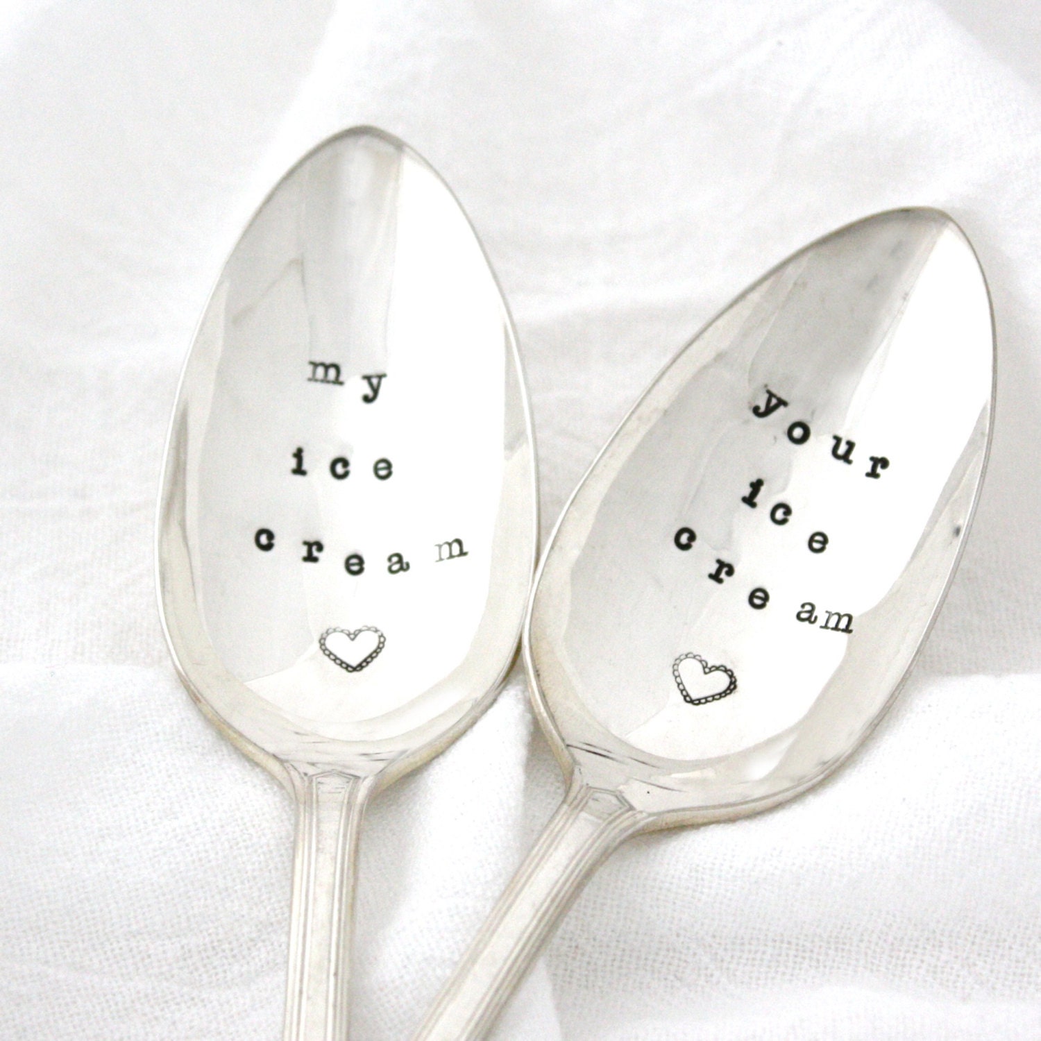My Ice Cream  / Your Ice Cream Spoon, set of 2 vintage hand stamped silver spoons for unique engagement gift idea, READY TO SHIP