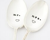 Mr and Mrs spoons, hand stamped silverware. His and her ice tea spoons make a unique engagement gift idea under 25